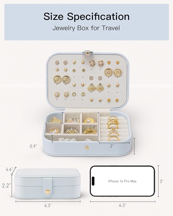 Vlando Travel Jewelry Case, PU Leather Travel Jewelry Box with Earring Holder, Portable Display Mini Jewelry Case for Mothers Day Women Girls Gift - Blue