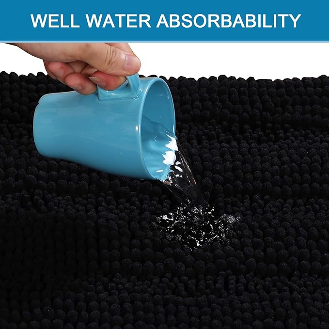 H.VERSAILTEX Bath Mats for Bathroom Non Slip Extra Thick Chenille Striped Bath Rug 24" x 36" Absorbent Non Skid Fluffy Soft Shaggy Rugs Washable Dry Fast Plush Mats for Indoor, Bath Room, Tub - Black