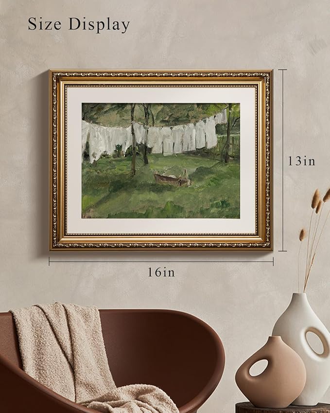 VIYYIEA Gold Framed Canvas Wall Art for Living Room,Vintage Laundry Room Art Print, Antique Oil Painting, Country Landscape Vintage Wall Art Canvas,For Living Room, Bedroom, Office,Gallery - 13x16in