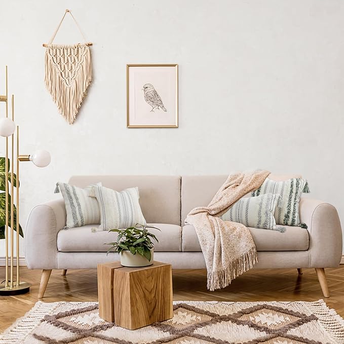 decorUhome Decorative Boho Throw Pillow Cover 12x20, Lumbar Accent Neutral Textured Tufted Pillow Cover Striped for Couch Bed Sofa, Grey and Cream White, Pack of 1