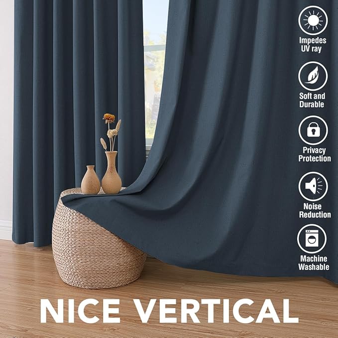 H.VERSAILTEX Linen Blackout Curtains 84 Inches Long 100% Absolutely Blackout Thermal Insulated Textured Linen Look Curtain Draperies Anti-Rust Grommet, Energy Saving with White Liner, 2 Panels, Navy