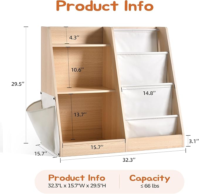 3 Tier Kids Wooden Bookshelf with Extra Pocket, Baby Toddler Bookshelf and Toy Storage Organizer with Three Layer Sling Bookcase for Kids Room Playroom Nursery Classroom