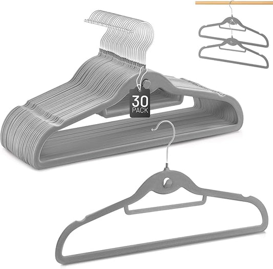 Velvet Hangers 30 Pack, STOPKLAS Grey Clothes Hangers Non Slip Felt Hanger with 360° Swivel Hook, Thin Hangers Space Saving, Heavy Duty Closet Hanger for Clothes, Coats, Suits, Dress, Pants