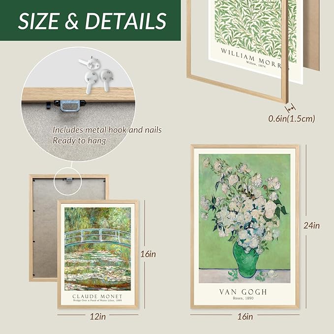 FASWQ Wood Framed Monet Van Gogh William Morris Wall Art, Grass Botanical Wall Decor, Mid Century Impressionist Canvas Paintings, Modern Green Landscape Poster Print for Living Room Bedroom 16"x24"x3