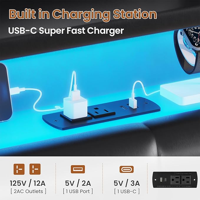 ADORNEVE Lift Up Storage Full Size Bed Frame with Type-C Charging Station& Hidden Storage Headboard, LED Lights Upholstered Platform Bed,Full Bed with Hydraulic, No Box Spring Needed,Black