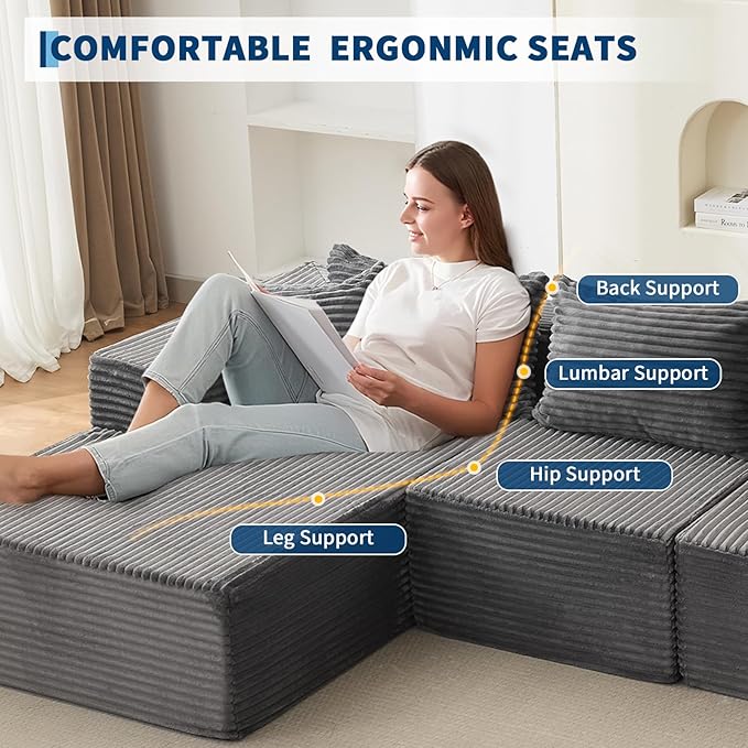 108" Comfy Cloud Sectional Couch with Chaise, L Shaped Boneless Sofa | Gray Couches for Living Room, Modular Sofa Couch & Bed, No Assembly Required, (Gray, Left Facing Chaise)