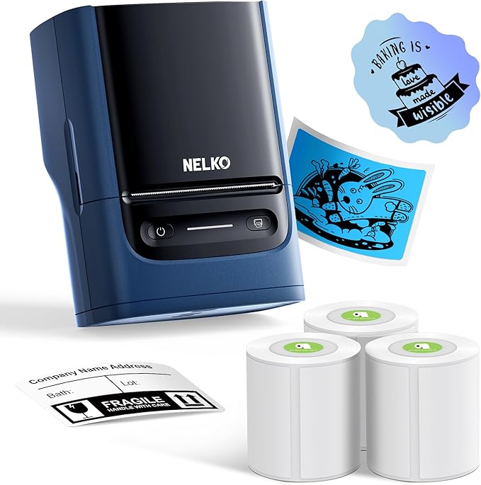 Nelko PM220 Bluetooth Label Maker Machine With Tape, 2 Inch Portable Thermal Printer for Small Business, Logo, Clothing, Sticker for Phones & PC, With 3 Labels, Deep Blue