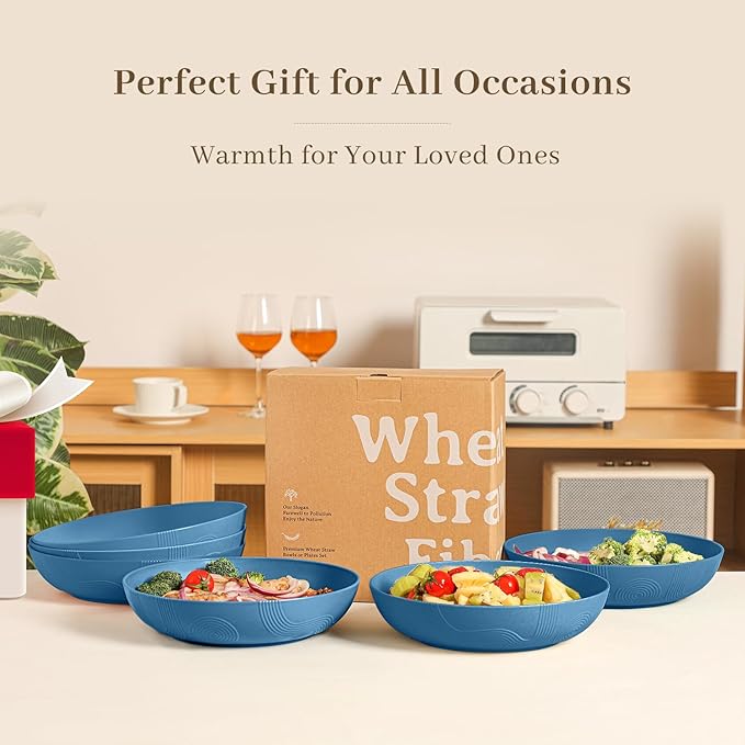 Homienly Large Wheat Straw Salad Bowls - Set of 6, 65 OZ, 10 Inch, Microwave & Dishwasher Safe - Navy Blue