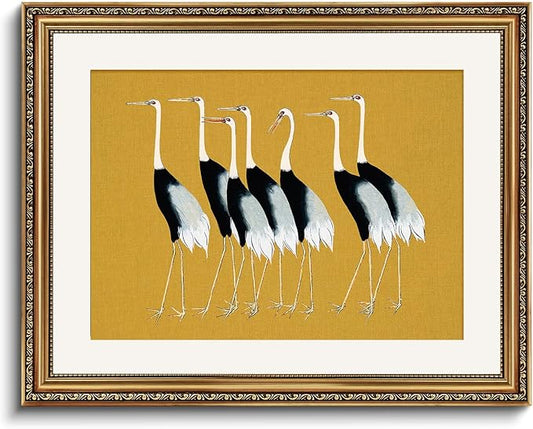 VIYYIEA Gold Framed Wall Art Canvas Print Home Decor, Vintage Cranes Wall Art for Living Room, Vintage Animal Oil Painting Picture, Print Framed Home Decor, Bathroom Wall Decor Seven Cranes 16x20in