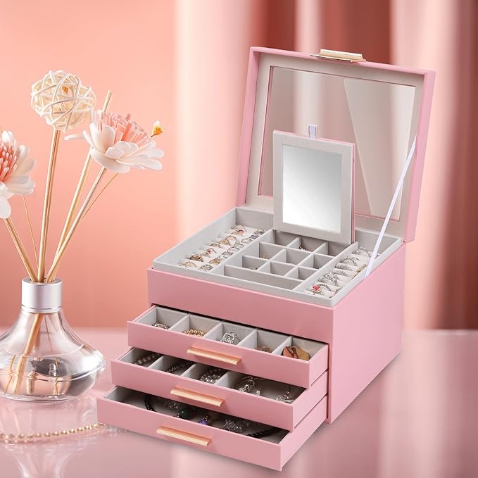 BOOVO Clear Lid Jewelry Box,4 Layers Jewelry Organizer Large Jewelry Storage Box with 3 Drawers,Jewelry Holder Organzier of Rings Earrings Necklace Bracelets for Women (Pink, 4 Layer)