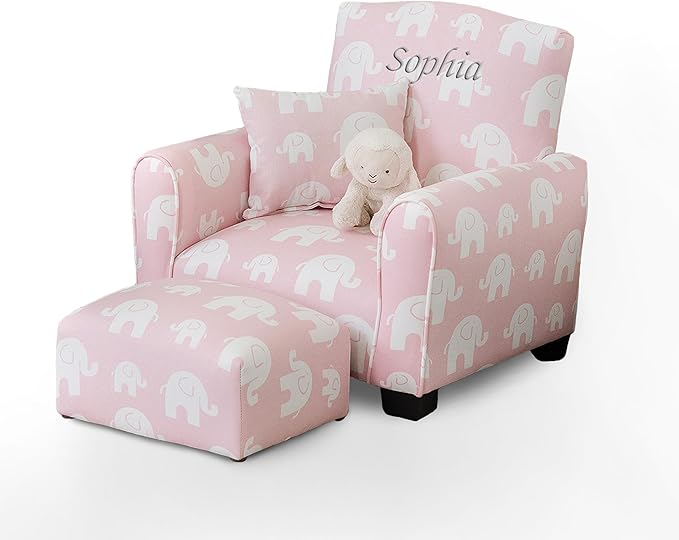 Toddler Personalized Armchair, Kids Upholstered Rocking Chair with Personalization, Toddler Chair with Personalized Name, Comfy Child Armchair, (Pink Elephants Print, Legs)