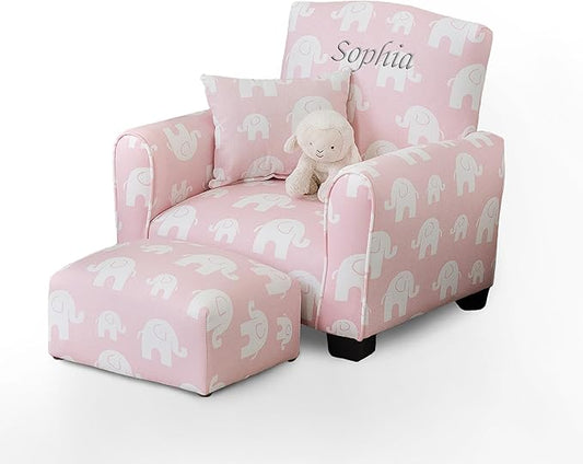 Toddler Personalized Armchair, Kids Upholstered Rocking Chair with Personalization, Toddler Chair with Personalized Name, Comfy Child Armchair, (Pink Elephants Print, Legs)