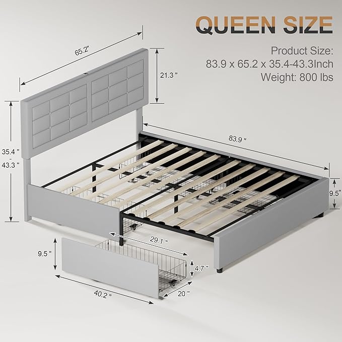 VECELO Queen Size Bed Frame with 4 Storage Drawers & Adjustable Headboard, Built-in Charging Station, Upholstered Bedframe with Wood Slats Support, Light Grey