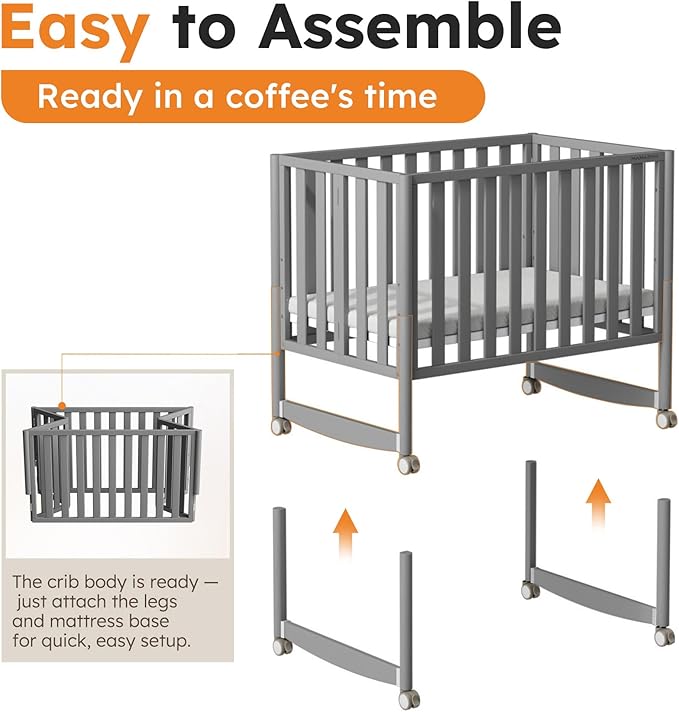 EvoNook 6-in-1 Convertible Mini Crib, 100% New Zealand Solid Wood, 4 Adjustable Mattress Heights, Crib with Mattress, Grey