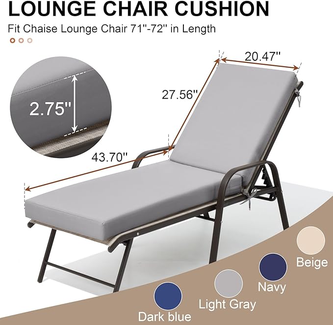 Crestlive Products Chaise Lounge Cushion Outdoor, 72x21 Inch, Waterproof & 3-Year Fade Resistant Lounge Chair Cushion for Outdoor Furniture, Patio Cushion for Pool, Lawn, Light Gray