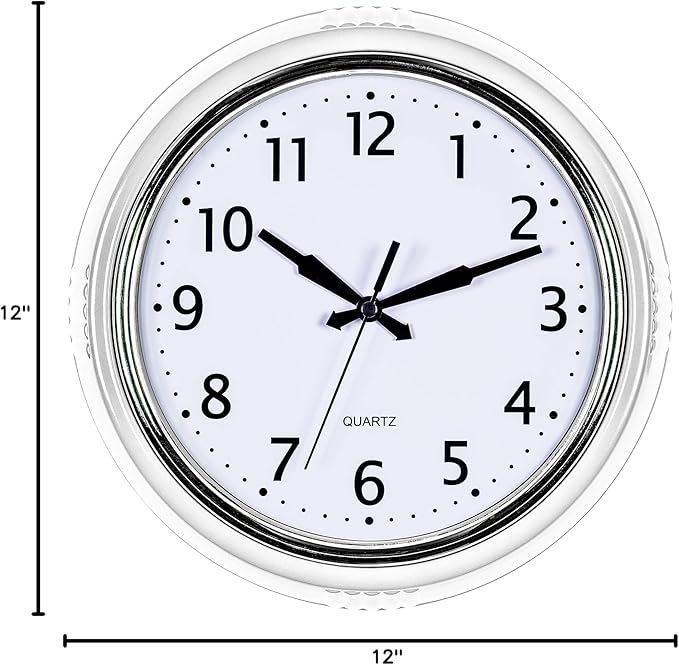 Bernhard Products Retro Wall Clock 12 Inch White Kitchen 50's Vintage Design Round Silent Non-Ticking Quality Quartz Clock for Home Office Nursery Bathroom Classroom Easy to Read