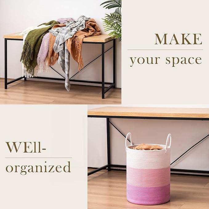 Woven Rope Laundry Hamper Basket, 58L Tall Luandry Basket, Baby Nursery Hamper for Blanket Storage, Clothes Hamper for Laundry in Bedroom-Large-Pink