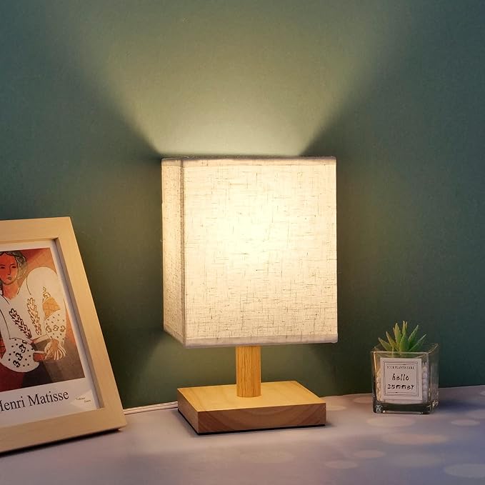 Small Table Lamp Mini Bedside Night Light Wooden Simple Desk Nightstand Lighting with Linen Shade for Bedroom, Living Room, Kids Room (Including LED Bulb) (Square)