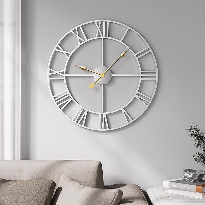 Large Wall Clock 20 Inch Silver Decorative Clock, Modern Metal Round Wall Clock Roman Numerals Battery-Operated Wall Clocks for Living Room Bedroom, Kitchen, Office