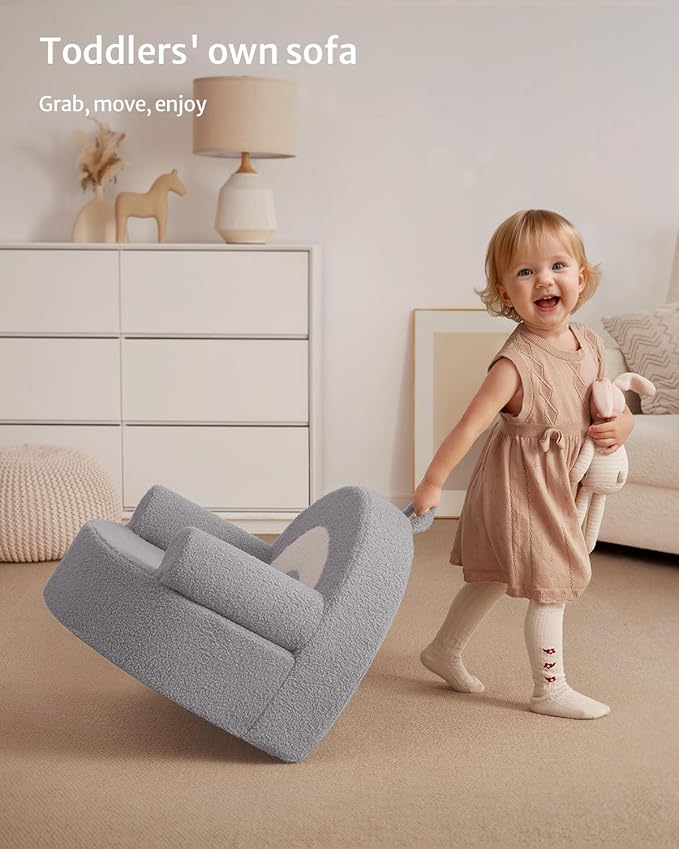 Blissful Diary Toddler Chair Comfy, Foam Kids Chair with Soft Teddy Plush, Toddler Reading Armchair for 1 2 3+ Year Old Girls Boys Baby Birthday Gift, Light Gray Arclet