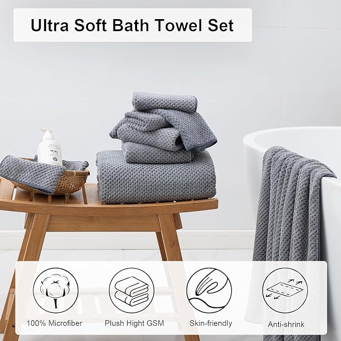 8 Piece Large Grey Family Bath Towel Set-2 Oversized Bath Towel Sheets,2 Hand Towels,4 Washcloths-600GSM Soft Highly Absorbent Quick Dry Beach Chair Towels Woven Towels for Bathroom Hotel and Spa