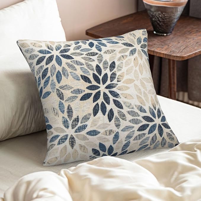 Dahlia Pillow Covers 24x24 Inch Set of 2 Summer Rust Geometric Flower Outdoor Decorative Throw Pillows Farmhouse Navy Blue Pillow Case Linen Square Cushion Cover for Home Sofa Bedroom Living Room