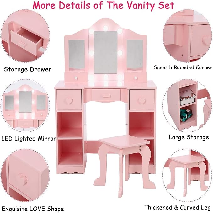 Kids Vanity Set With Mirror, 2 in-1 Wooden Toddler Vanity Table With Stool, Tri-Folding Mirror & Drawer, Princess Pretend Play Makeup Vanity Princess Makeup Desk Dressing Table for Little Girls