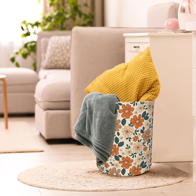Laundry Hamper,70s Retro Floral Flowers Laundry Basket,Waterproof Foldable Storage Bin for Bedroom,Clothes Organizer Basket,Toys Box 16x20 Inch