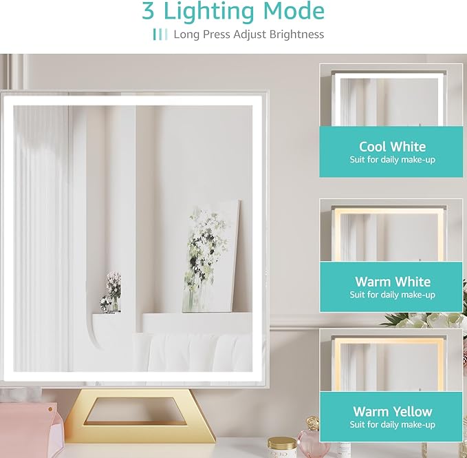 White Makeup Vanity Desk with Lights - 40 inch Girls Vanity Set with Mirror and Chair, Make Up Dresser Table with Drawers and Power Outlet for Bedroom Small Space, White and Gold