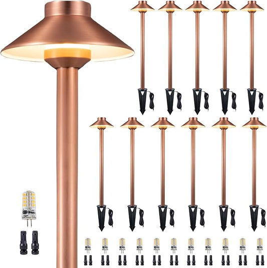 Low Voltage Landscape Sidewalk Lighting, Solid Brass Pathlights, LED Driveway Warm Light Waterproof, Hat Shaped 12V Wired Copper for Walkway Garden with 3W 270LM 3000K G4 Bulb (12 Pack)