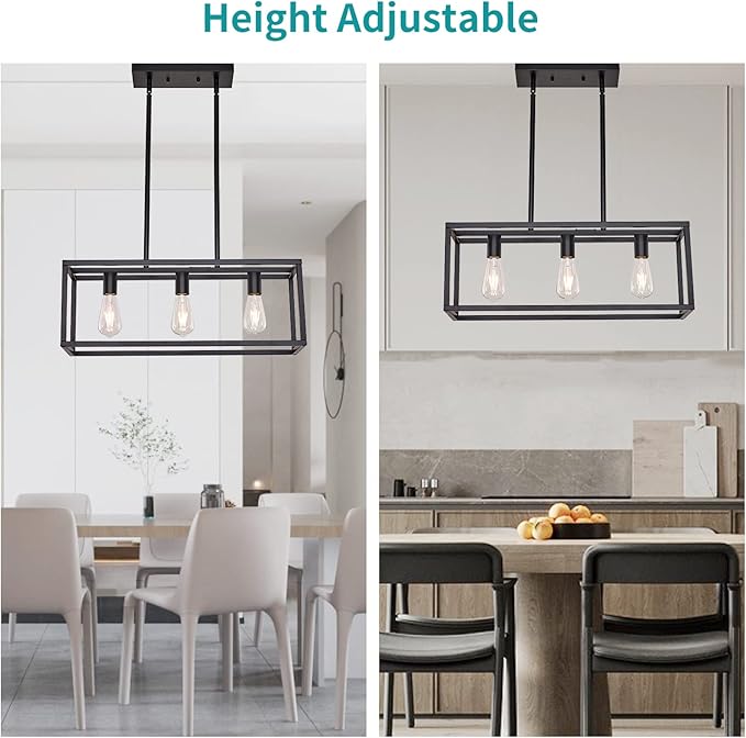 Farmhouse Rectangle Chandeliers for Dining Rooms, Modern Linear Hanging Light Fixture Matte Black 3-Light Industrial Pendant Lighting for Kitchen Island