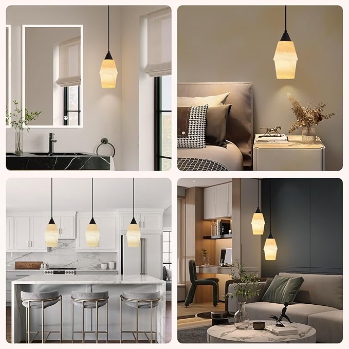 Natural Alabaster Pendant Lights Kitchen Island, H-7.87in White Pendant Light Fixtures, Light Pendant Marble Shade, for Bedroom Bathroom Dining Room Living Room