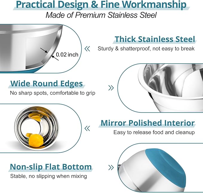 TeamFar Mixing Bowls, 5PCS Stainless Steel Serving Salad Bowls with Lids, For Kitchen Mixing/Baking/Storing/Prepping, Visible & Airtight, Non-Slip Bottom - 4.6/3.5/1.5/1 / 0.7 QT, Dark Blue