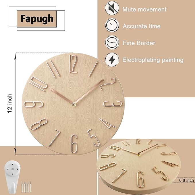 Faupugh 12 inch Silent Wall Clock, Battery Powered Wall Clock Decoration Clock, Suitable for Home, Office, School, Kitchen, Bedroom, Living Room (Beige)