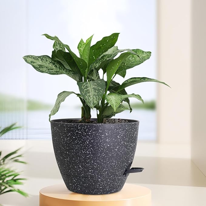12 inch Large Self Watering Pots for Indoor Outdoor Plants, Flower Plant Pots with Mesh Drainage Holes for Garden House Plants, Plastic Planters with Reservoir for Home Decor, Speckled Black