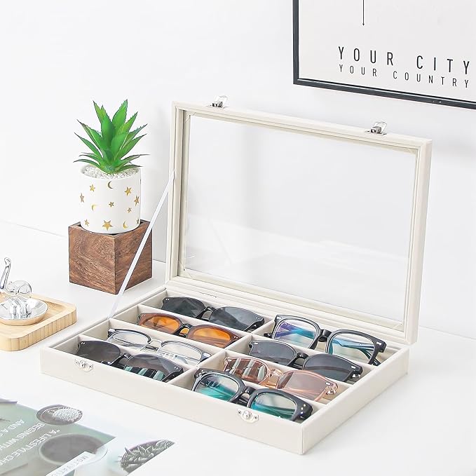 Coward Sunglass Organizer Tray Box, Beige Velvet Grids Eyeglasses Display Tray Case with Transparent Glass Lid for Home Use or Store Shop Selling Show