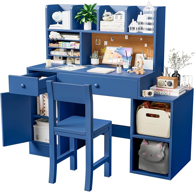 Blue Wooden Kids Desk and Chair Set,Kids Study Table and Chair Set with 4 Storage Open Shelves,Kids Study Desk with 2 Drawers & 4 Cabinet,Girls Study Desks for Kid with Hutch for Bedroom-4VhsXU