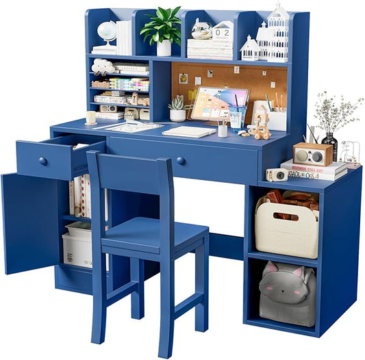 Blue Wooden Kids Desk and Chair Set,Kids Study Table and Chair Set with 4 Storage Open Shelves,Kids Study Desk with 2 Drawers & 4 Cabinet,Girls Study Desks for Kid with Hutch for Bedroom-4VhsXU
