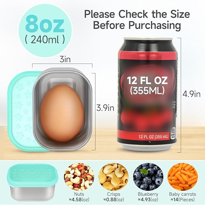 SOPHICO Stainless Steel Snack Containers for Kids, 8 oz Small Food Storage Container with Silicone Lid - Perfect 304 Metal Toddler Lunch Box for Daycare and School, Leak Proof (6 Pack)