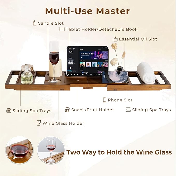 Teak Bathtub Tray Expandable Bathroom Tray for Home Spa Relaxation, Wooden Tray Caddy for Bathtub, Teak Bathtub Caddy as Unique Housewarming, Birthday, Wedding Shower Gifts (Light Walnut)