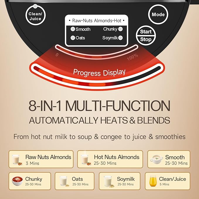 50oz Almond Milk Maker Machine (Built-in Filter) Make Plant Based Milk, Soup & Juice, 6-7 Cups Per Batch, 304 Stainless Steel, 5.3 lb, Automatic Cleaning, 8-IN-1 Nut Milk Maker for Soy & Oat (Silvery)