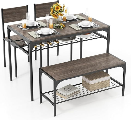 Tangkula Dining Table Set for 4, Kitchen Table and 2 Chairs for 4 with Bench, Additonal Storage Rack, 4 Piece Dining Table Set for Small Space, Apartment
