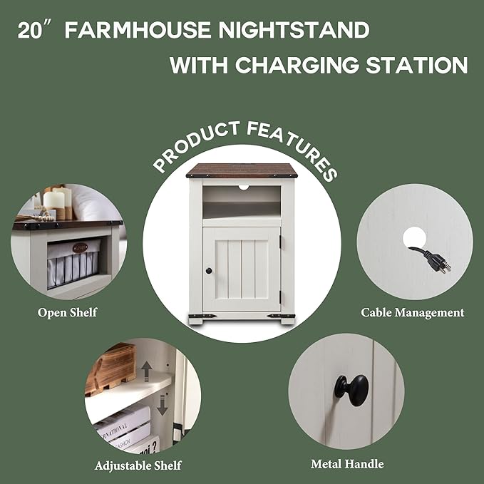Farmhouse Nightstand with Charging Station, 20" Rustic End Table w/Barn Door, Wood Sofa Side Bedside Table w/Open Shlef & Stroage Cabinet for Bedroom (White)
