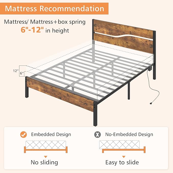 VECELO Full Size Platform Bed Frame with USB Charging Station and Wood Storage Headboard, Heavy Duty Metal, Large Storage, Noise-Free, No Box Spring Needed, Easy Assembly, Rustic Brown