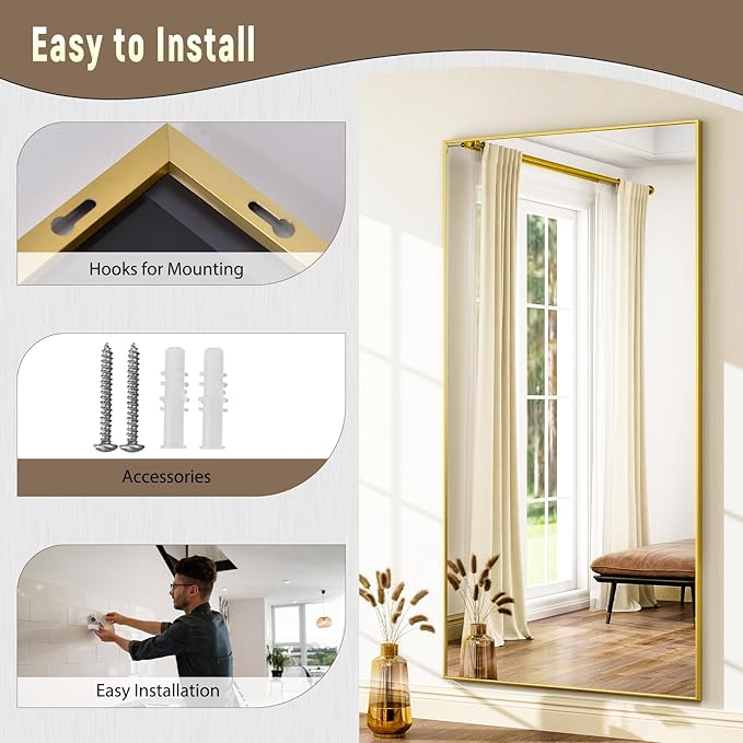 GLSLAND 76"x34" Full Length Mirror Extra Large Hanging or Leaning Rectangle Mirror Aluminum Alloy Thin Frame Bedroom Floor Dressing,Gold