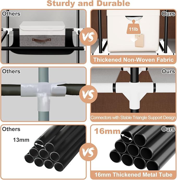 VTRIN Portable Closet Wardrobe for Hanging Clothes with 4 Storage Shelves, 2 Hanging Rods and 6 Pockets, Stable and Easy Assembly Clothes Rack with Cover Free Standing Closet, Brown