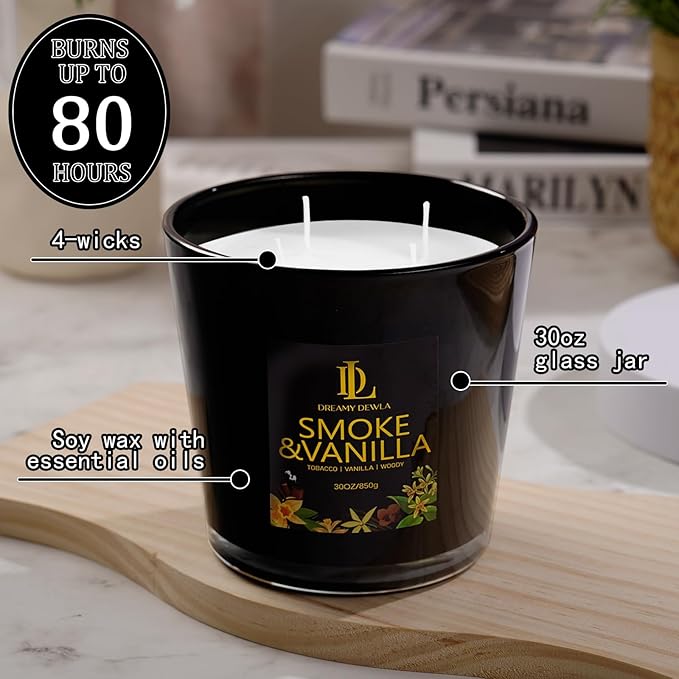 Smoke & Vanilla Scented Candle, Large 30oz Natural Soy Candles, 4-Wick 80 Hour Burn Time, Home Fragrance Candles Housewarming Gift for Women Men