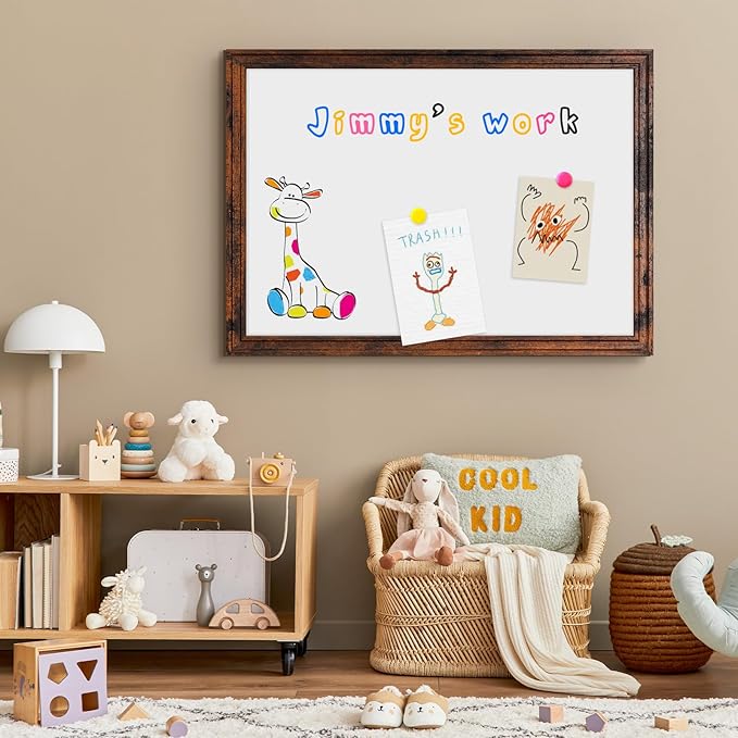 4 THOUGHT Dry Erase Board, 36" x 24" Magnetic Whiteboard Brown Vintage Wood Frame Wall-Mounted White Board Decorative Notice Board School, Office, Home, 6 Magnets 4 Markers 1 Eraser