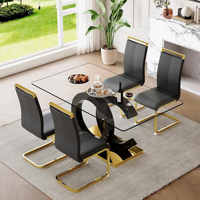 63'' Glass Dining Table Set for 4, Kitchen Table Chairs Set of 4, Clear Glass Dining Table with Black unique design Leg and Gold Metal Base, 4 PU Dining Chairs with Metal Legs, Living Room, Kitchen.