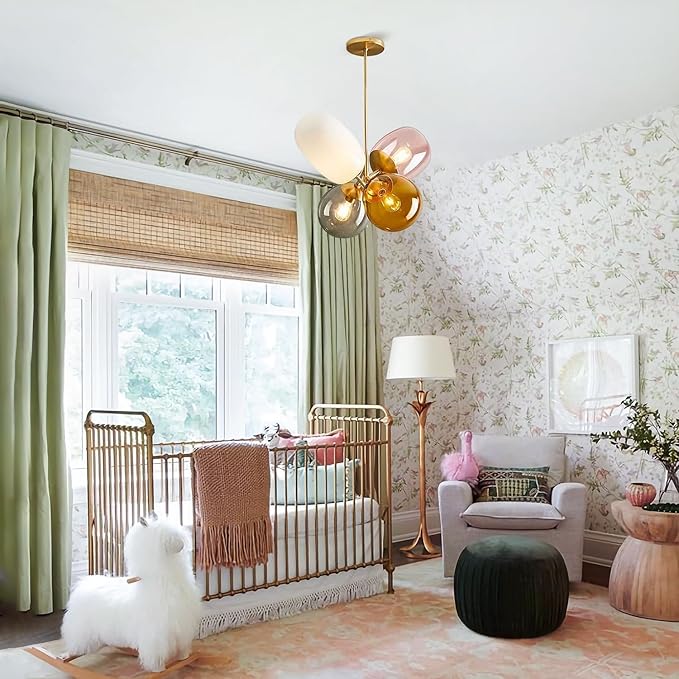 KCO Lighting Modern Colorful Pendant Light Gold Globe Pendant Lighting Stained Glass Balloon Chandelier Light Fixture Colored Glass Pendant Lights Kitchen Island for Kids Room